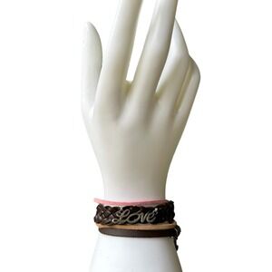 VTG‎ Cuff Bracelet 8 Inch Strap Brown Leather Love Anchor Metal Braided